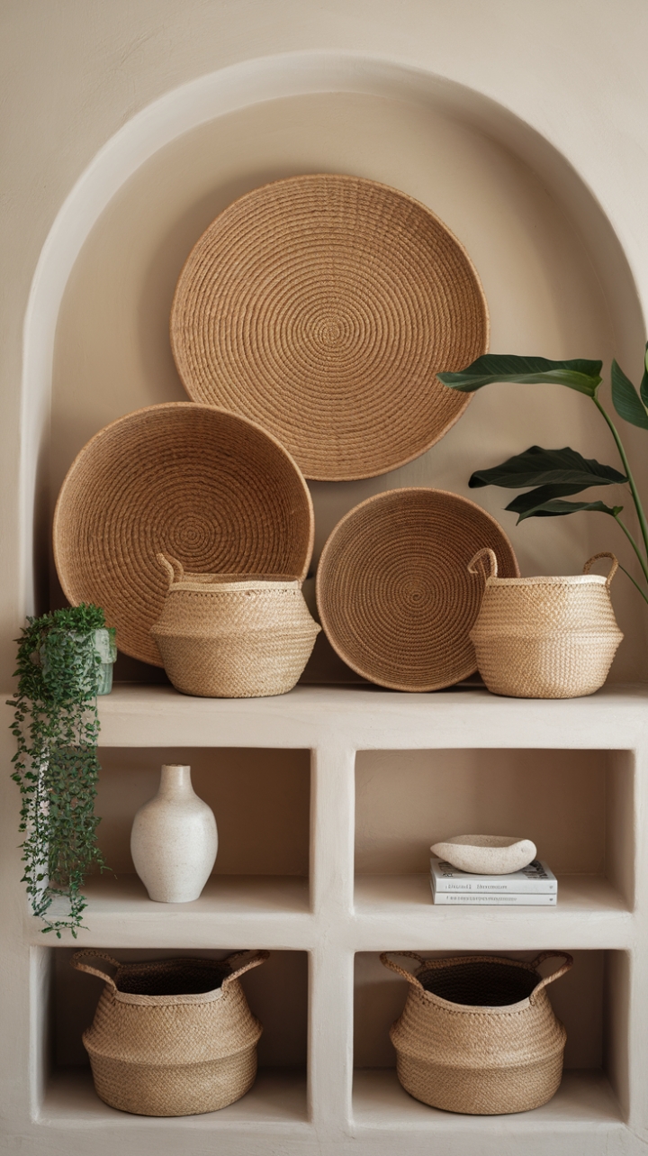 Find your focus in this contemporary living room. The interplay of natural materials-from the woven baskets to the warm wood shelving-speaks to a design philosophy that values simplicity and thoughtful detail. A quiet sophistication reigns.