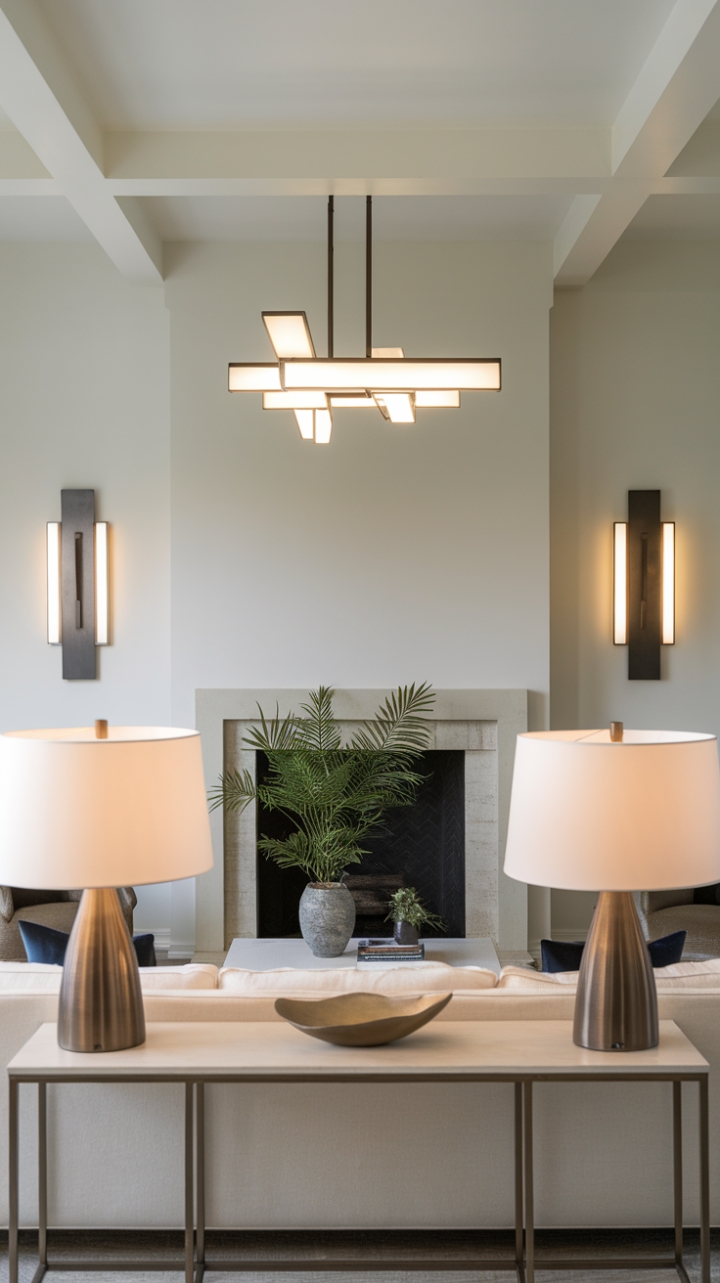 Modern minimalism meets ambient light: This living room's carefully curated lighting design is a masterclass in understated elegance. From the statement piece above the sofa to the delicate sconces flanking the fireplace, every fixture contributes to a harmonious and inviting space, perfectly complemented by the neutral palette and lush greenery.