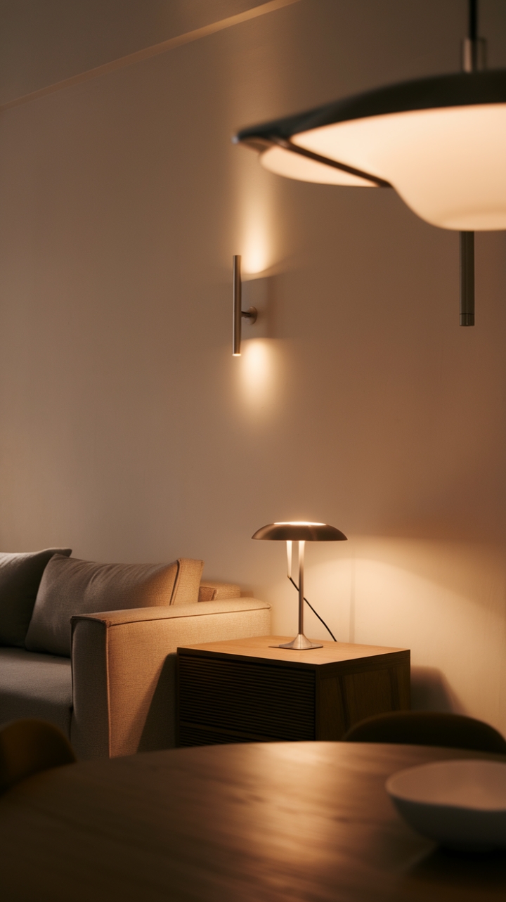 This minimalist living room exudes a warm and inviting atmosphere, where contemporary design meets functional elegance. A sleek lamp perched on a wooden side table complements the plush sofa, while a modern wall sconce casts a soft glow, enhancing the cozy vibe. Above the dining table, a striking statement lighting fixture draws the eye, creating a focal point that harmonizes with the room's clean lines and understated decor. The thoughtful arrangement of lighting elements not only illuminates the space but also adds a layer of sophistication, making it the perfect retreat for relaxation and gatherings.