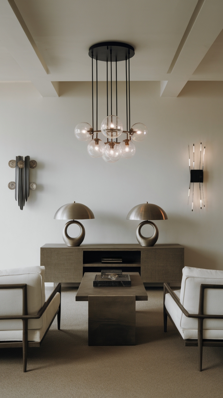 This contemporary living room exudes a serene sophistication, where minimalist design meets striking illumination. The sleek wooden console table, adorned with two elegant lamps, serves as a focal point, while a stunning chandelier of glass globes cascades above, casting a warm glow throughout the space. A statement lighting fixture on the left wall adds an artistic touch, harmonizing beautifully with the modern wall sconce on the opposite side. The pristine white ceiling and walls create a canvas for the matte-finished metal accents, while the soft beige carpet underfoot invites comfort and warmth, making this room a perfect blend of style and tranquility.