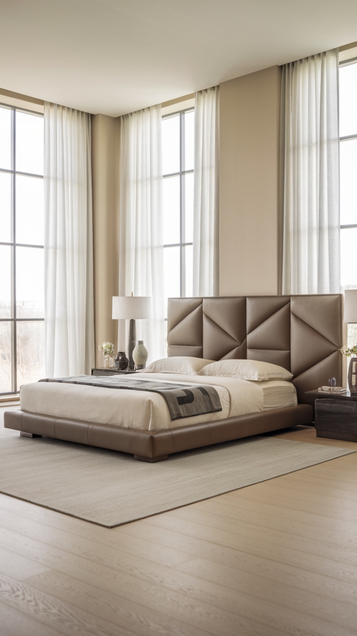 Find your calm in this contemporary haven. Clean lines and a neutral palette create a tranquil atmosphere, while a striking geometric headboard adds a touch of unexpected artistry. Large windows flood the room with natural light, enhancing the airy feel of this light-filled retreat.