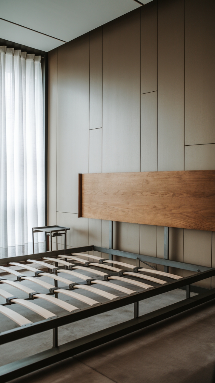 This modern bedroom exudes tranquility with its sleek metal bed frame and minimalist wooden headboard, creating a harmonious blend of industrial and natural elements. The muted color palette enhances the serene atmosphere, while the large window draped in soft white curtains invites natural light to dance across the space. A small side table adds a touch of functionality without compromising the room's clean lines, making it the perfect retreat for relaxation and rejuvenation.