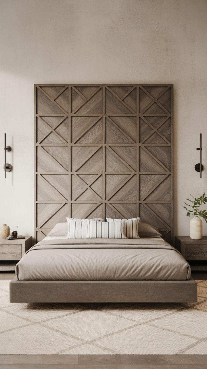 A harmonious blend of simplicity and style defines this contemporary bedroom, where a sleek bed frame takes center stage, complemented by a chic wooden headboard featuring a captivating geometric pattern. The light-colored rug underfoot adds warmth, while carefully curated decorative items on the walls contribute to the room's minimalist charm, inviting a sense of calm and sophistication into the space.