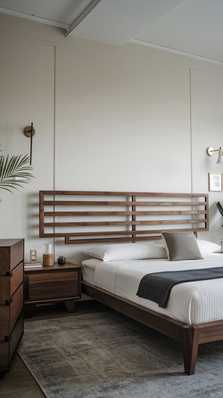 A harmonious blend of style and simplicity defines this modern bedroom, where a striking wooden headboard with minimalist slats sets the tone for a serene atmosphere. The dark wood bed frame anchors the space, while the crisp white walls showcase a few thoughtfully chosen decorative accents, including a lively plant and an elegant lamp. With a sleek nightstand and dresser enhancing the room's functionality, the plush grey rug adds warmth and texture, creating a cozy yet sophisticated haven for restful nights and peaceful mornings.