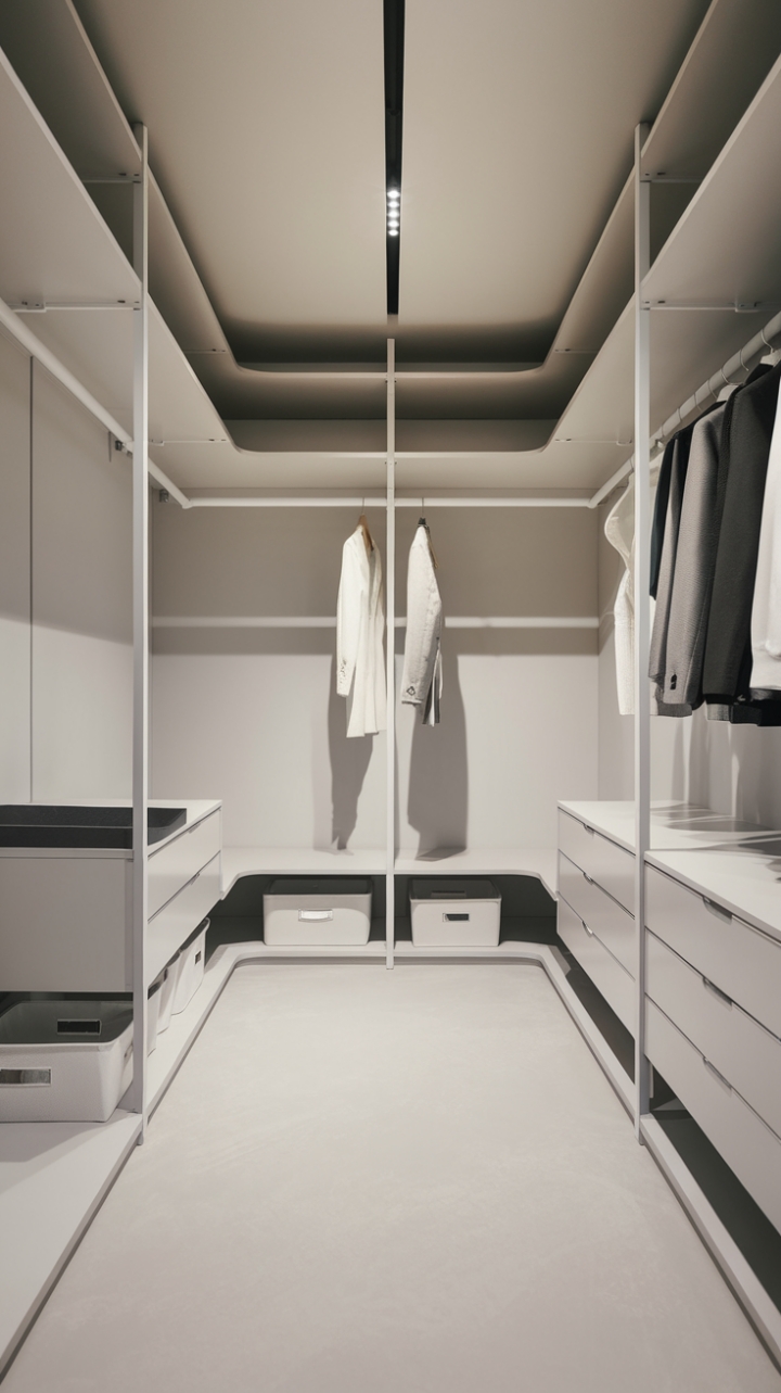 This modern walk-in closet embodies the essence of minimalist elegance, where every detail is thoughtfully curated for both style and functionality. The pristine white walls, floor, and ceiling create an airy atmosphere, while sleek white shelves and rods provide a seamless backdrop for your wardrobe. Built-in drawers offer hidden storage solutions, keeping the space organized and clutter-free, while strategically placed white storage bins add a touch of practicality. Bright, inviting lighting enhances the clean lines and sophisticated design, making this closet not just a storage area, but a serene retreat for fashion lovers.