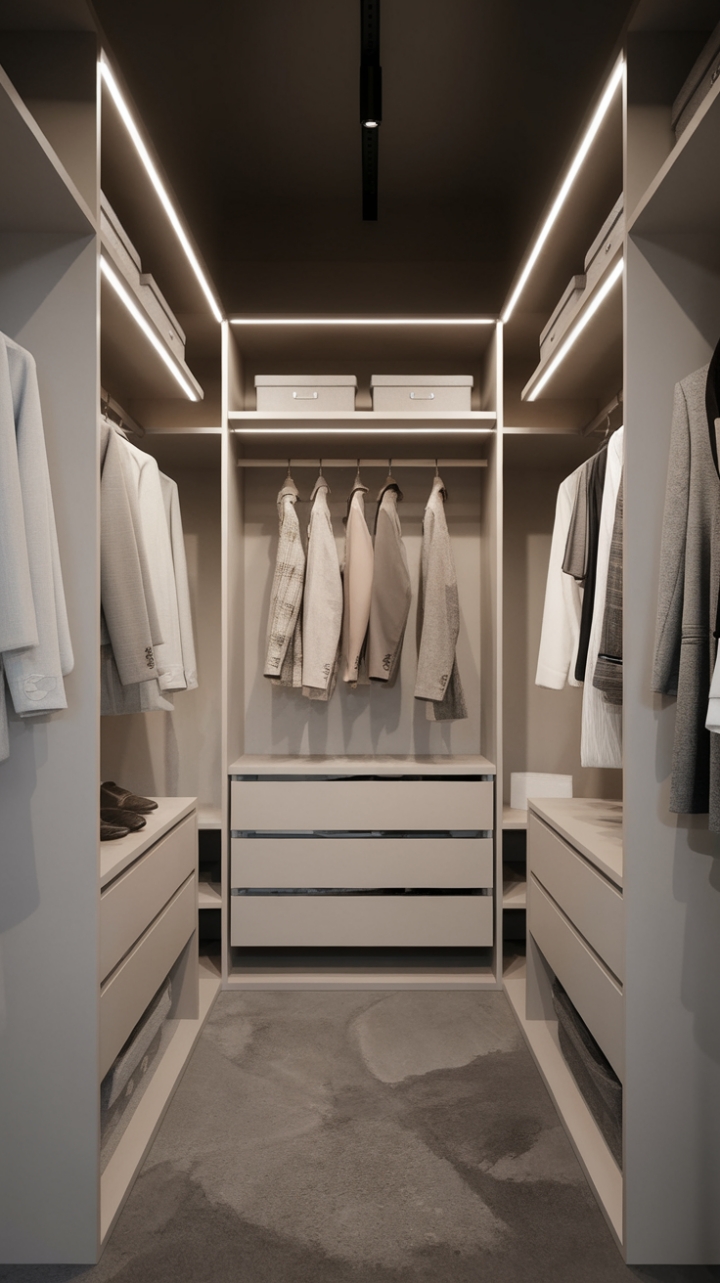 This modern minimalist closet is a sanctuary of style and organization, showcasing a seamless blend of functionality and elegance. The walk-in design features sleek storage solutions, including hanging rods, shelves, and drawers, all meticulously arranged to create a visually stunning wardrobe display. The crisp white color scheme is beautifully complemented by warm wooden elements, adding a touch of natural warmth to the space. The stone floor enhances the contemporary feel, while the dark background provides a striking contrast, making this closet not just a storage area, but a chic retreat for fashion enthusiasts.