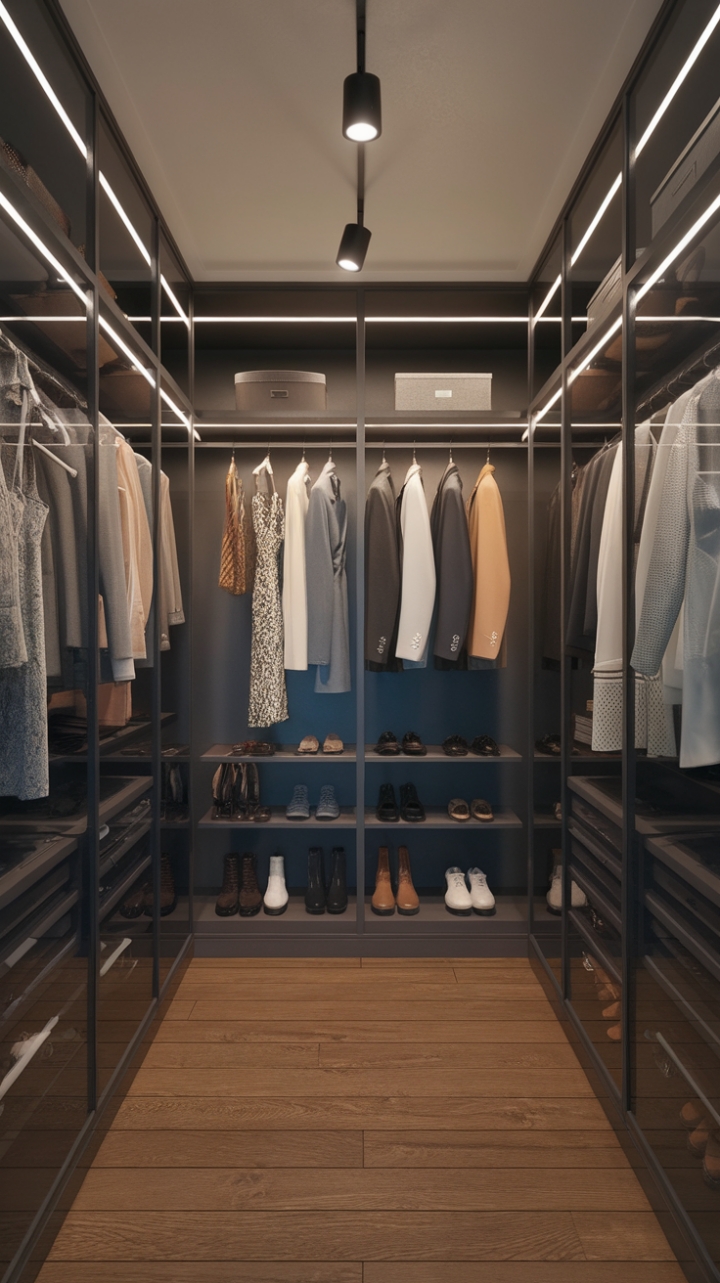 Behold, a vision in glass and grace! This modern walk-in closet transcends mere storage; it's a meticulously organized display of high-fashion finds, bathed in the glow of ambient lighting. The sleek design and carefully chosen details transform clothing into art.