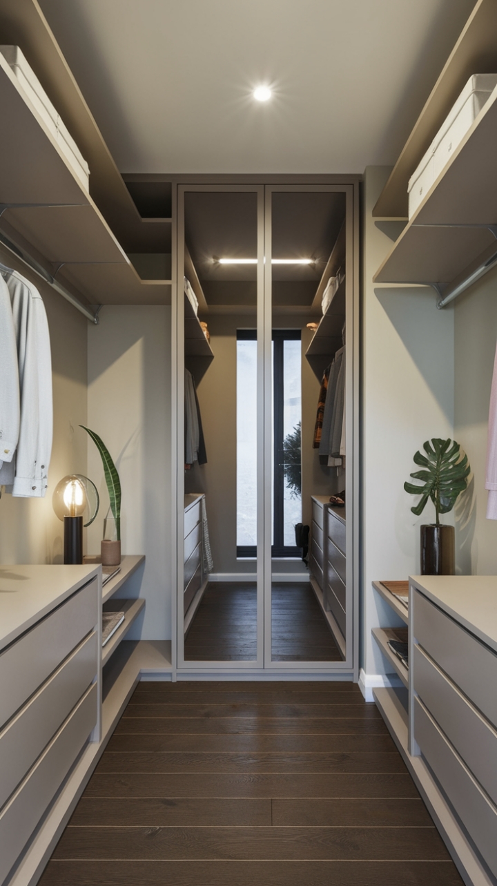 This minimalist walk-in closet is a testament to modern design, where sleek storage solutions meet aesthetic appeal. With a polished rod for hanging clothes, ample shelves, and drawers, every item finds its perfect place in this organized haven. The wardrobe, featuring a mirrored door, adds a touch of elegance while reflecting the room's bright ambiance. Light-colored walls create an open atmosphere, beautifully complemented by the rich dark wood flooring. A few carefully curated decorative elements, including a lush plant and a stylish lamp, infuse the space with character, making this closet a chic and inviting retreat for fashion lovers.