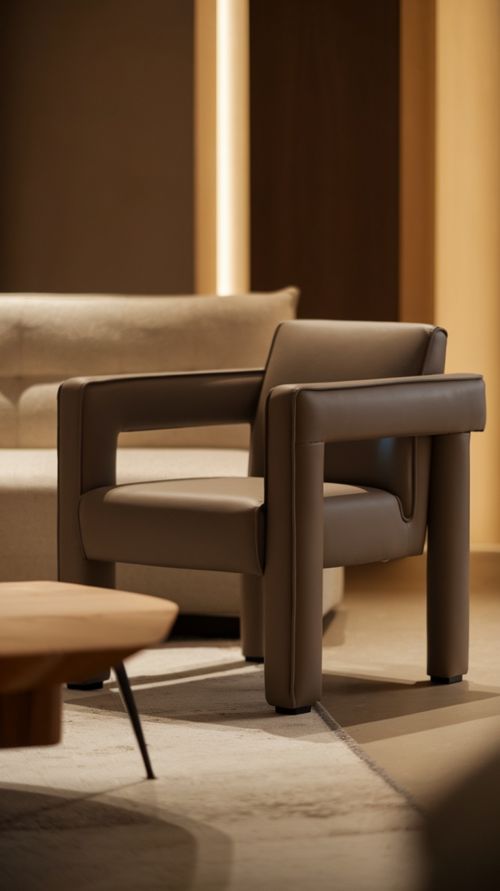 Sculptural lines and understated elegance define this contemporary armchair, a statement piece that effortlessly blends comfort and high design. Its sleek silhouette complements the warm, inviting atmosphere of the living room, creating a sophisticated haven for relaxation. The perfect blend of form and function for the modern home.