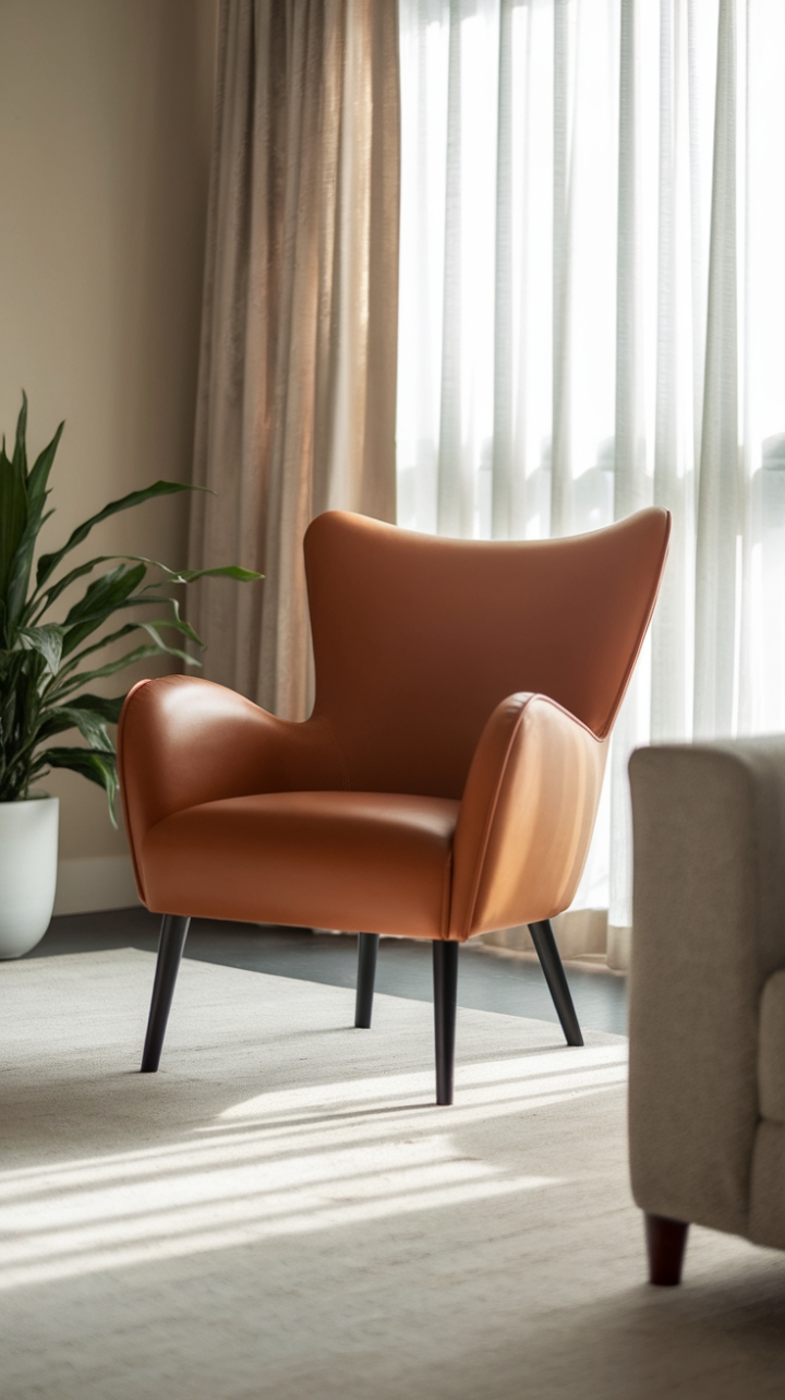 Sunlight dances across the minimalist lines of this contemporary armchair, a sculptural masterpiece in a serene living room. The neutral palette, punctuated by a touch of greenery, creates a haven of calm and understated elegance. The perfect spot to unwind and soak in the day's gentle light.