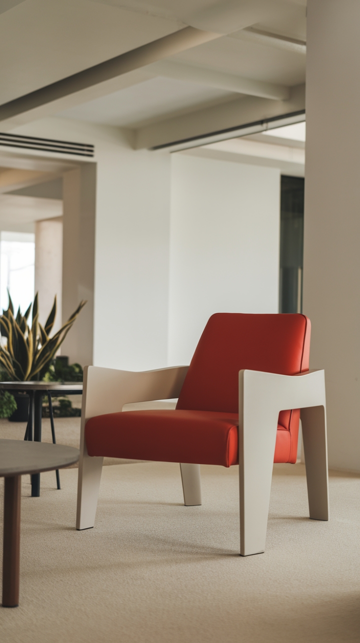 The contemporary armchair, with its striking white frame and vibrant red cushion, serves as a captivating focal point in this minimalist living room. Nestled among a few select furnishings, including a stylish round table and lush plants, the space radiates a harmonious blend of modern elegance. The pristine white walls and ceiling amplify the room's openness, while the warm beige carpet adds a touch of coziness, making it an ideal retreat for relaxation and inspiration.