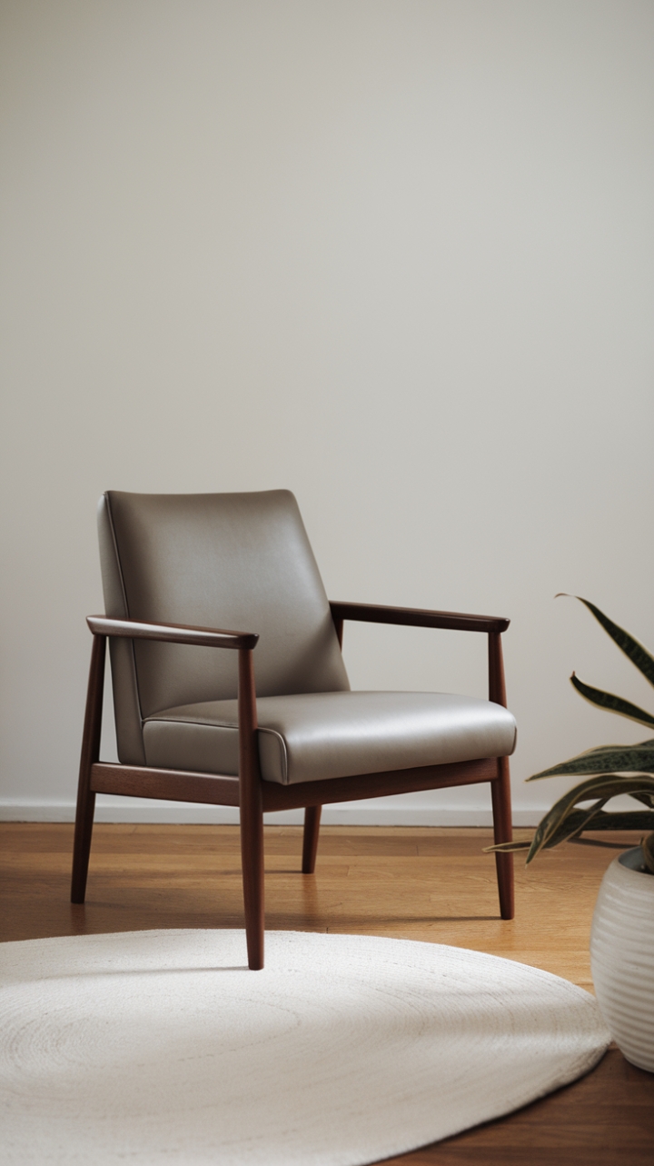 Modern minimalism redefined. A sleek, dark wood armchair takes center stage in this bright, airy space, its sophisticated silhouette a captivating focal point. The carefully curated details-a simple white rug, a touch of greenery-create a sanctuary of calm and understated luxury.