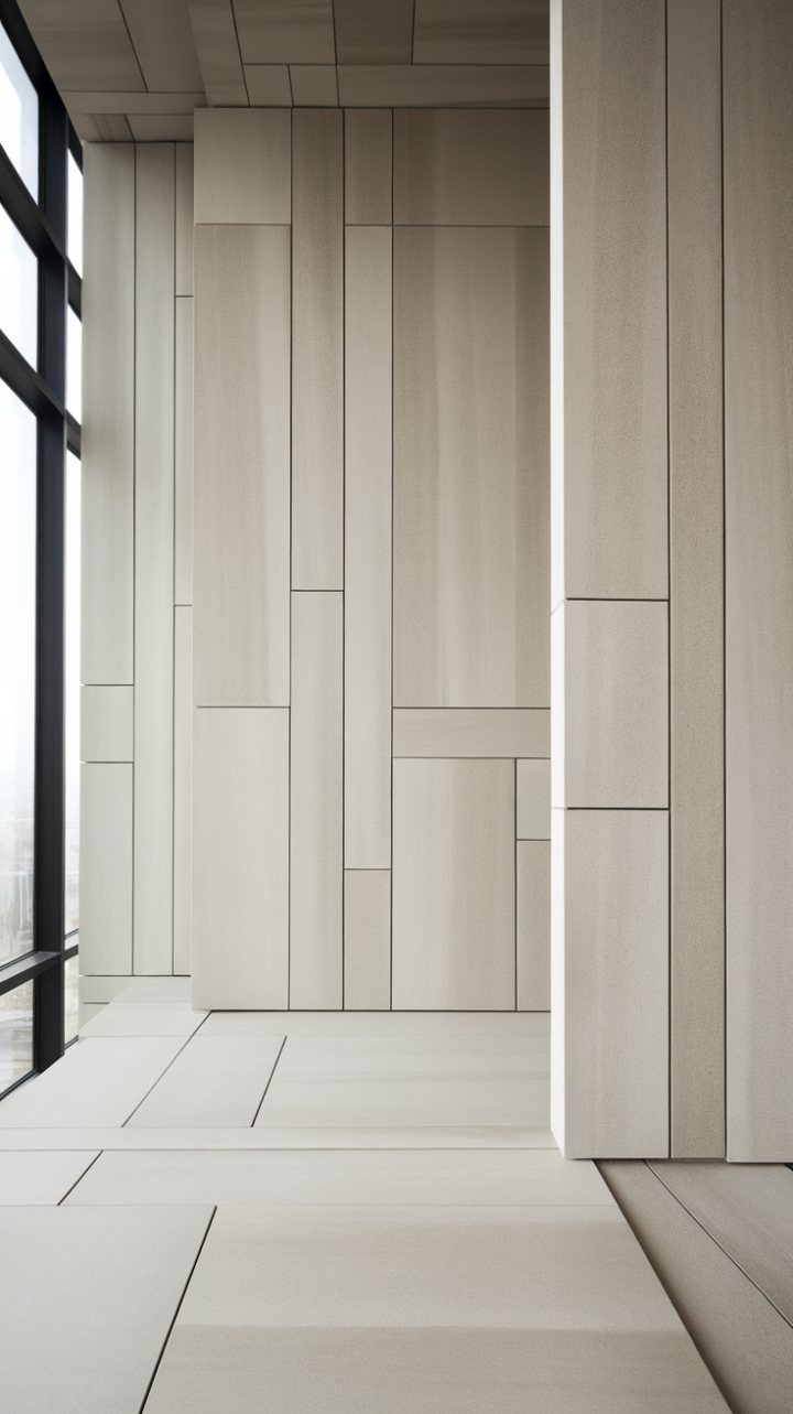 Light floods this contemporary haven, illuminating the subtle geometric pattern of the textured grey wall panels. A minimalist's dream, this room showcases the power of architectural detail and natural light to create a serene and stylish atmosphere.