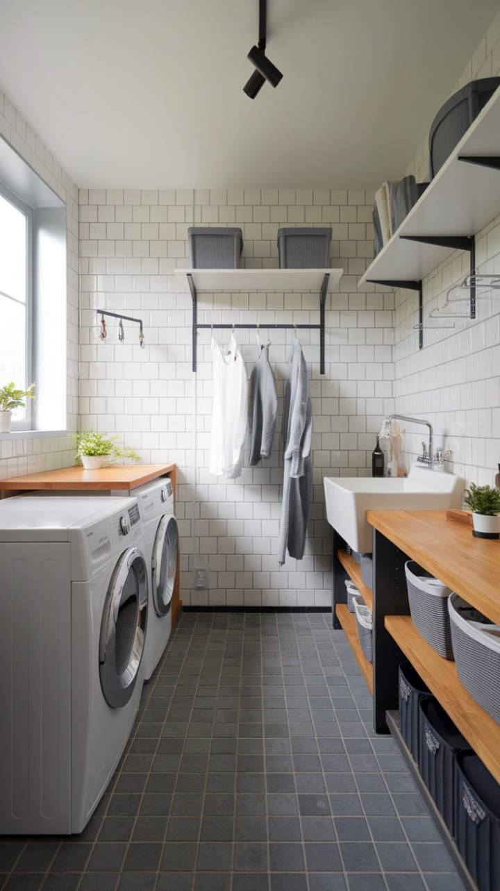 A vision of modern efficiency, this laundry room showcases a crisp white washer and dryer paired with a chic white sink, all set against a backdrop of warm wooden countertops. The grey tiled floor adds a contemporary edge, while the overhead shelves offer practical storage solutions for all your laundry necessities. Sunlight pours in through the window, illuminating the space, and the thoughtfully placed hooks on the walls provide a stylish way to keep garments organized, making laundry day a breeze in this beautifully designed haven.