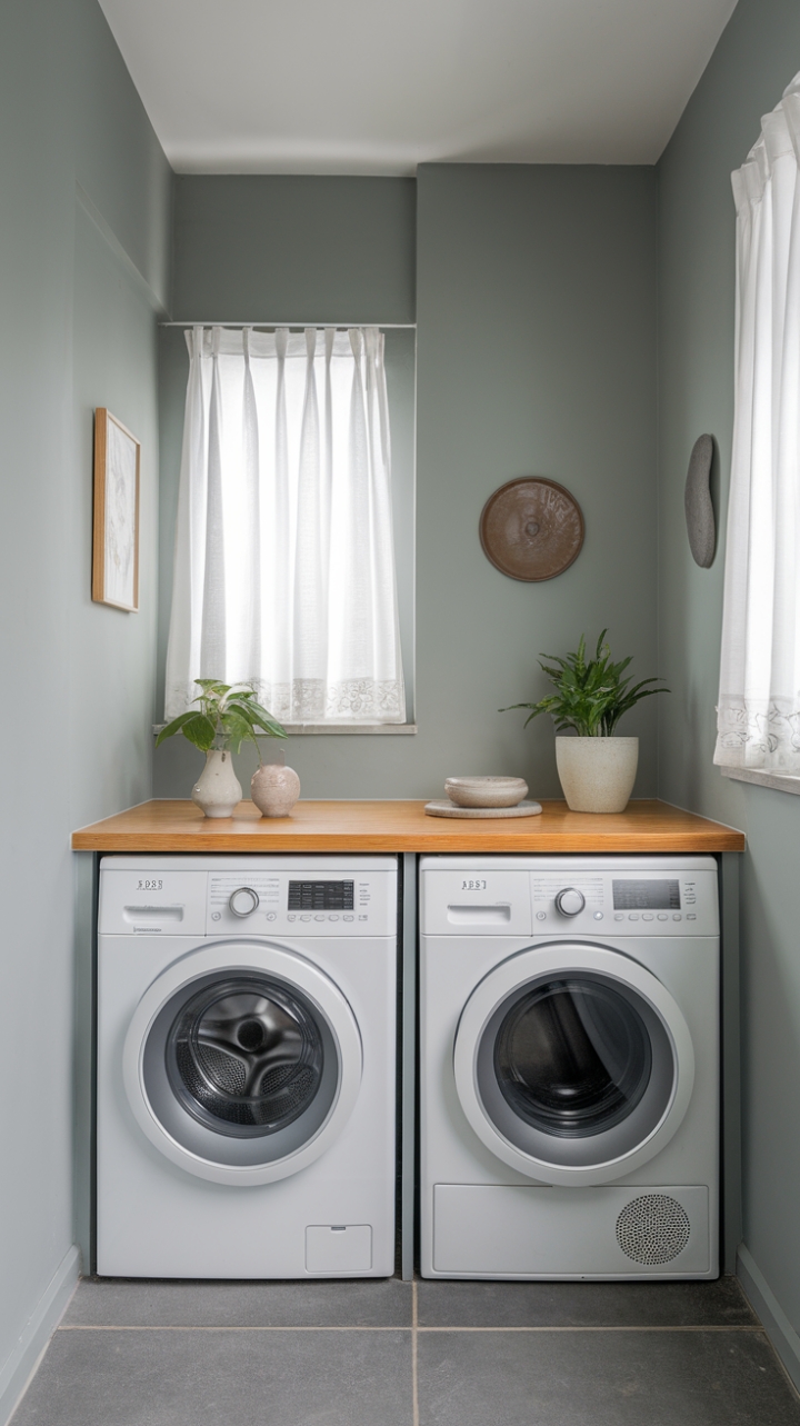Modern minimalism meets functional brilliance. This contemporary laundry room seamlessly blends style and practicality. Sleek white appliances are complemented by a warm wood countertop, styled with subtle pops of greenery and ceramic accents. A soft grey palette and natural light create a space that's both inviting and incredibly chic.