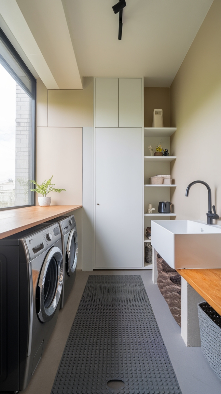 In this stunning contemporary laundry room, modern minimalism takes center stage with a polished stainless steel washing machine and dryer that exude sophistication. The crisp white sink, complemented by a sleek black faucet, harmonizes beautifully with the warm wooden countertop, creating a perfect blend of style and utility. Bathed in natural light from the expansive window, the light beige walls offer a serene backdrop, while the neatly organized white cabinet ensures everything has its place. The grey rubber mat adds a practical touch, making this space not only chic but also a joy to use for everyday tasks.