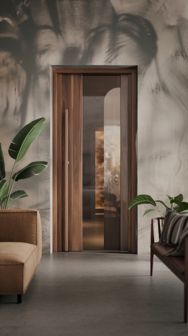 A study in contrasts: Raw concrete meets refined wood in this stunning interior, anchored by a sleek, glass-paneled door that's both a statement piece and a subtle invitation. The textured wall adds depth, while the carefully chosen furniture whispers of a life lived with intention and impeccable taste.