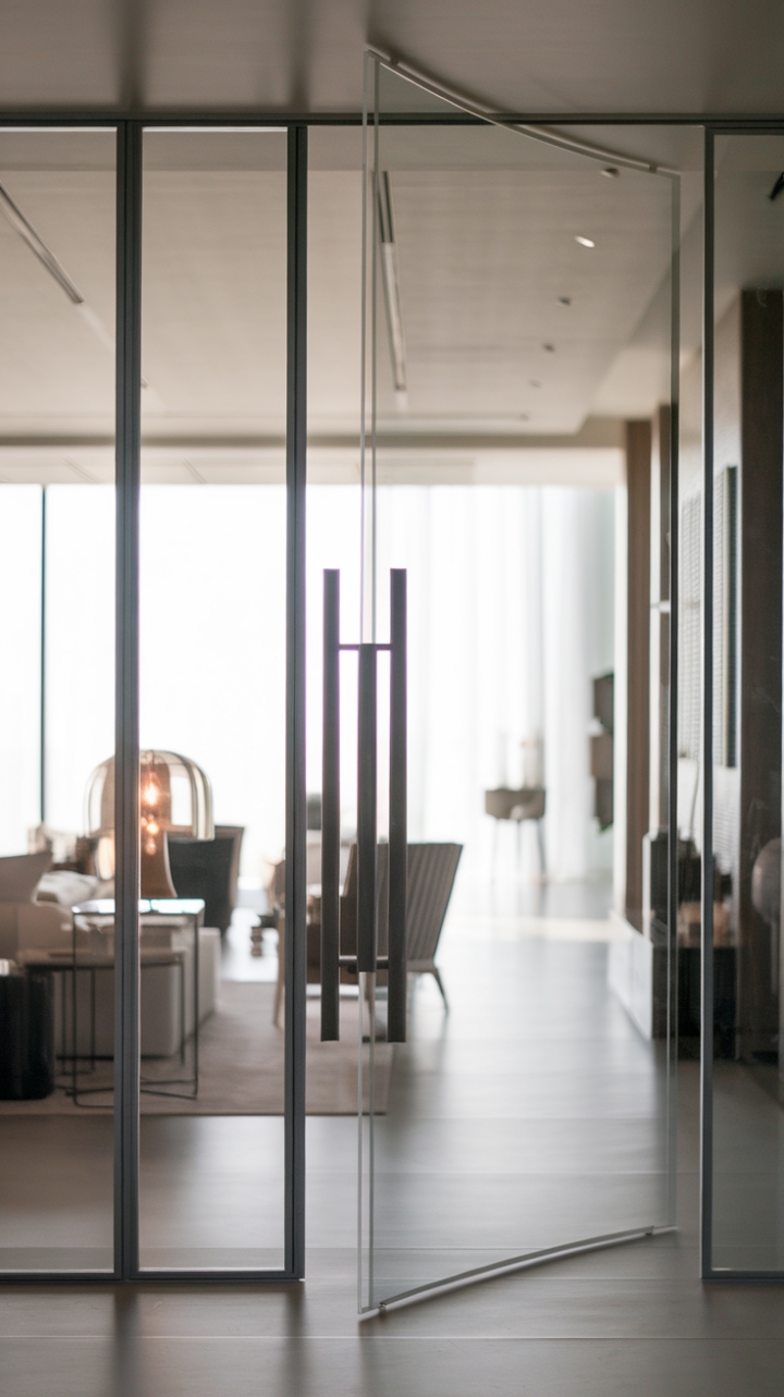 Where form meets function: This curved glass door is the epitome of modern minimalism, seamlessly blending into the bright, airy living space. The subtle curve adds a touch of unexpected elegance, while the glass maximizes light and creates a sense of openness. A perfect example of how architectural details can transform a home.