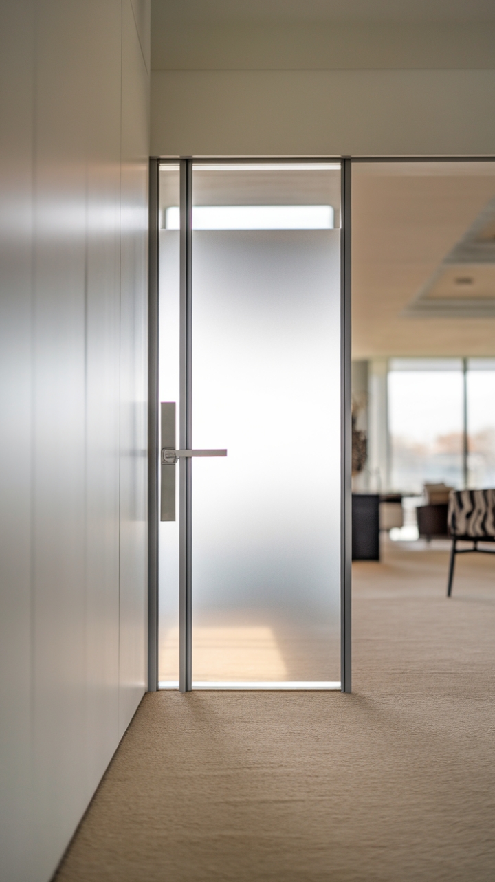 The sleek lines of this contemporary door, adorned with a frosted glass panel, harmoniously blend with the clean white wall, embodying the essence of minimalist design. A chic lever handle and a small window at the top invite natural light to dance across the beige carpeting, casting a warm glow that enhances the inviting atmosphere. The softly blurred background reveals a spacious living area, where thoughtfully chosen furniture pieces contribute to a serene and stylish ambiance, making this home a true sanctuary of modern elegance.
