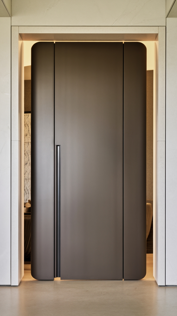 This striking contemporary door serves as a stunning focal point in a chic modern entrance, showcasing a sleek, minimalist design that exudes sophistication. Crafted from a smooth, dark grey material with a matte finish, its rectangular shape and understated handle create an air of refined simplicity. Surrounded by crisp white walls and complemented by light-colored flooring, the space is enhanced by carefully selected furniture pieces that harmonize with the door's elegant aesthetic, making it a perfect blend of style and functionality.