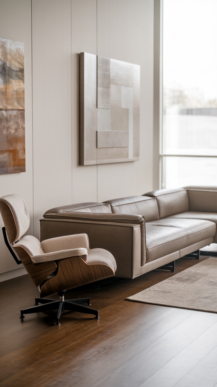 Unwind in this haven of understated elegance. A minimalist sectional sofa, bathed in natural light streaming from the expansive window, anchors the space. Complemented by a chic lounge chair and subtle artwork, this contemporary living room is the epitome of refined simplicity. The neutral palette and clean lines create a serene atmosphere perfect for relaxation and sophisticated entertaining.