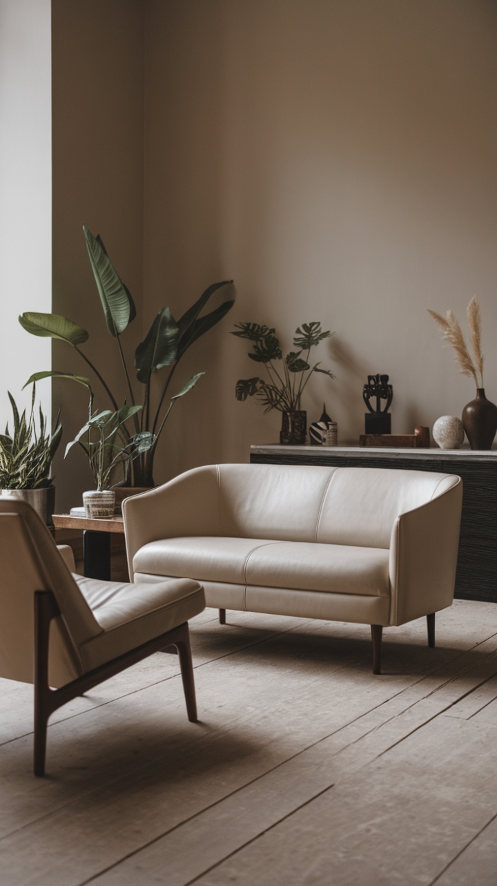 Sculptural lines and pristine white upholstery define this contemporary living space. The designer sofa, a statement piece in itself, is perfectly complemented by the warm tones of the wooden floor and the organic touch of strategically placed greenery. A minimalist aesthetic reigns supreme, allowing the exquisite craftsmanship of each element to shine.