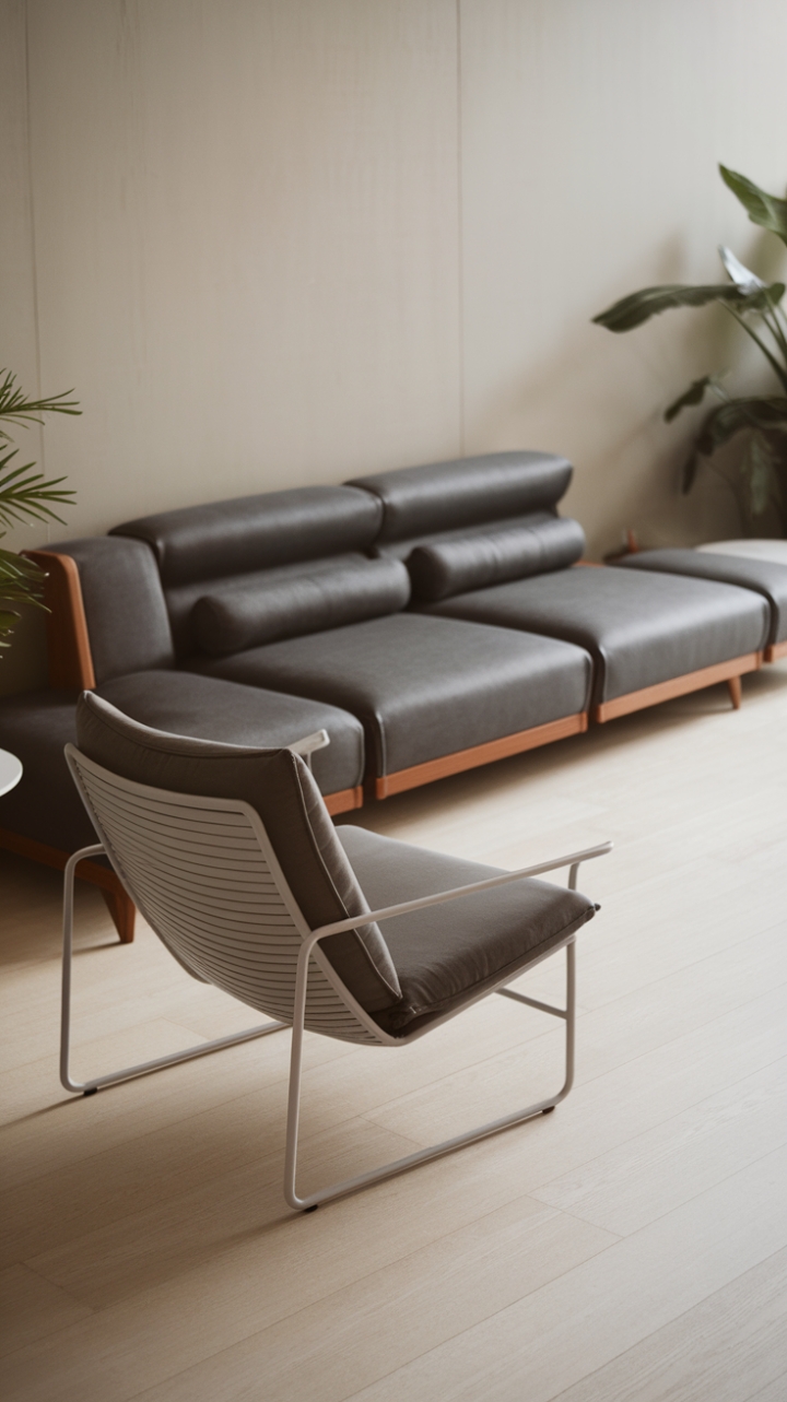 This contemporary living room exudes a refined minimalist aesthetic, where every element is thoughtfully curated for both style and comfort. The modern sectional sofa, upholstered in a rich dark grey fabric, anchors the space with its sleek urban lines and a single cushion that adds a touch of casual elegance. Complementing this is a chic lounge chair featuring a crisp white frame and a matching grey cushion, perfectly positioned on the warm light wooden floor. A few carefully chosen decorative accents, including a vibrant potted plant and a round white side table, bring life and balance to the room, creating an inviting atmosphere that celebrates simplicity and sophistication.