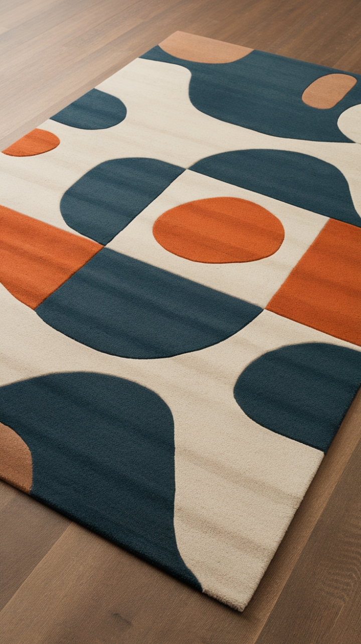 Bold geometry meets serene simplicity. This contemporary rug's vibrant blue, orange, and white abstract shapes command attention while its minimalist design keeps the focus where it belongs: your impeccable style.