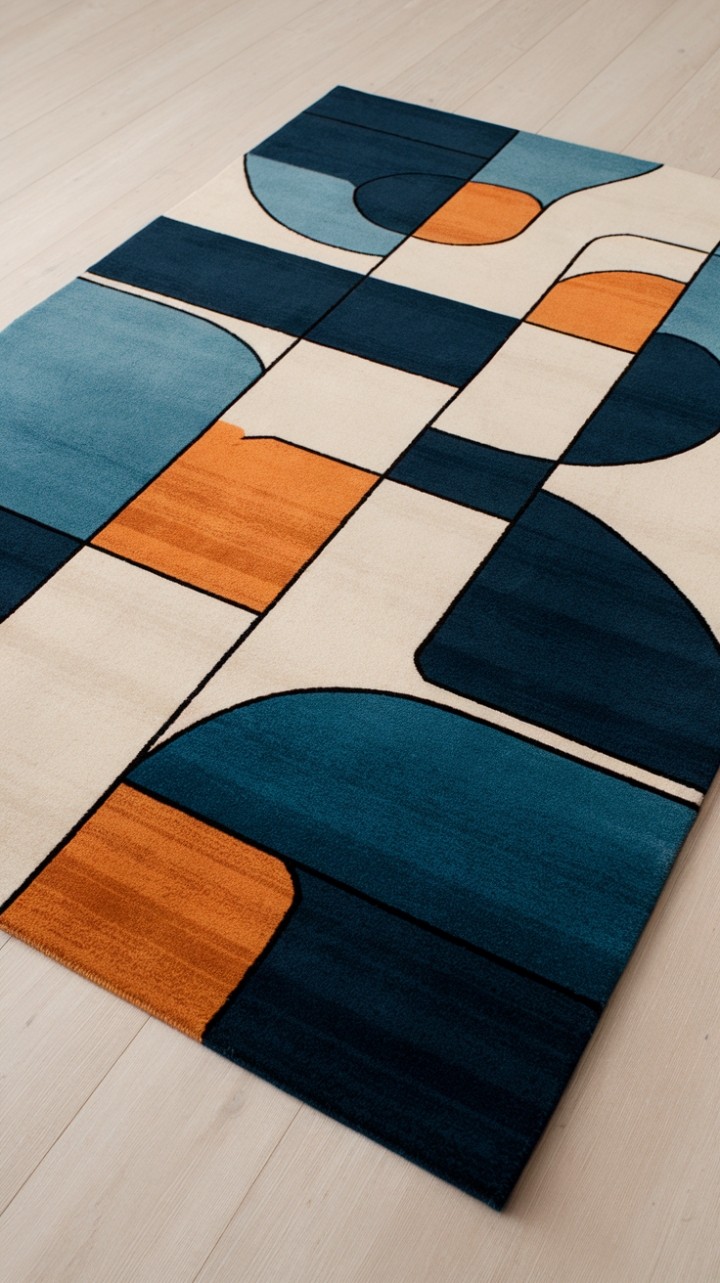 With its captivating geometric design, this contemporary rug transforms any room into a stylish haven. The bold interplay of large abstract shapes in rich blues and warm oranges, linked by fine white lines, creates a visual rhythm that draws the eye. Placed on a light wooden floor, it harmonizes beautifully with the surrounding space, offering a chic yet serene foundation that complements modern decor while adding a splash of color and personality.