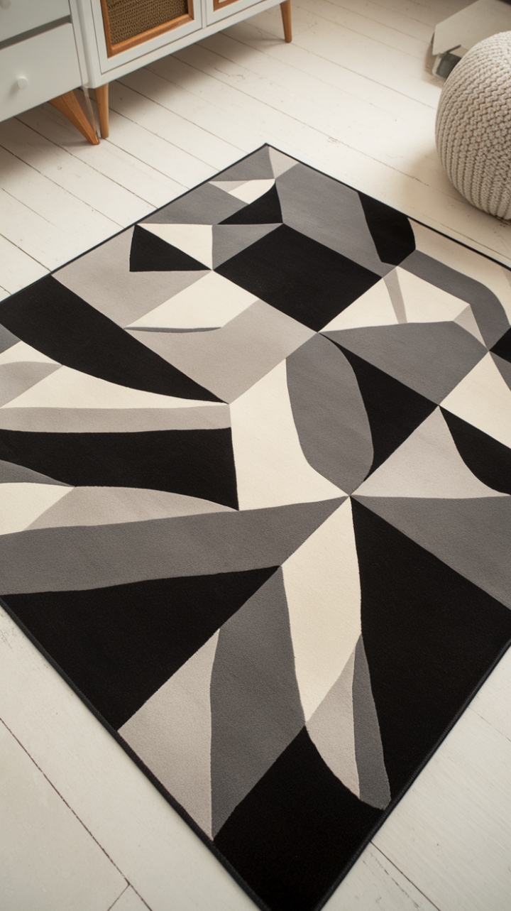 Unleash your inner minimalist with this show-stopping geometric rug. Bold black, crisp white, and subtle gray triangles and squares create a dynamic focal point in any contemporary space. Its chic design instantly updates your floors, adding a touch of modern artistry to your home.