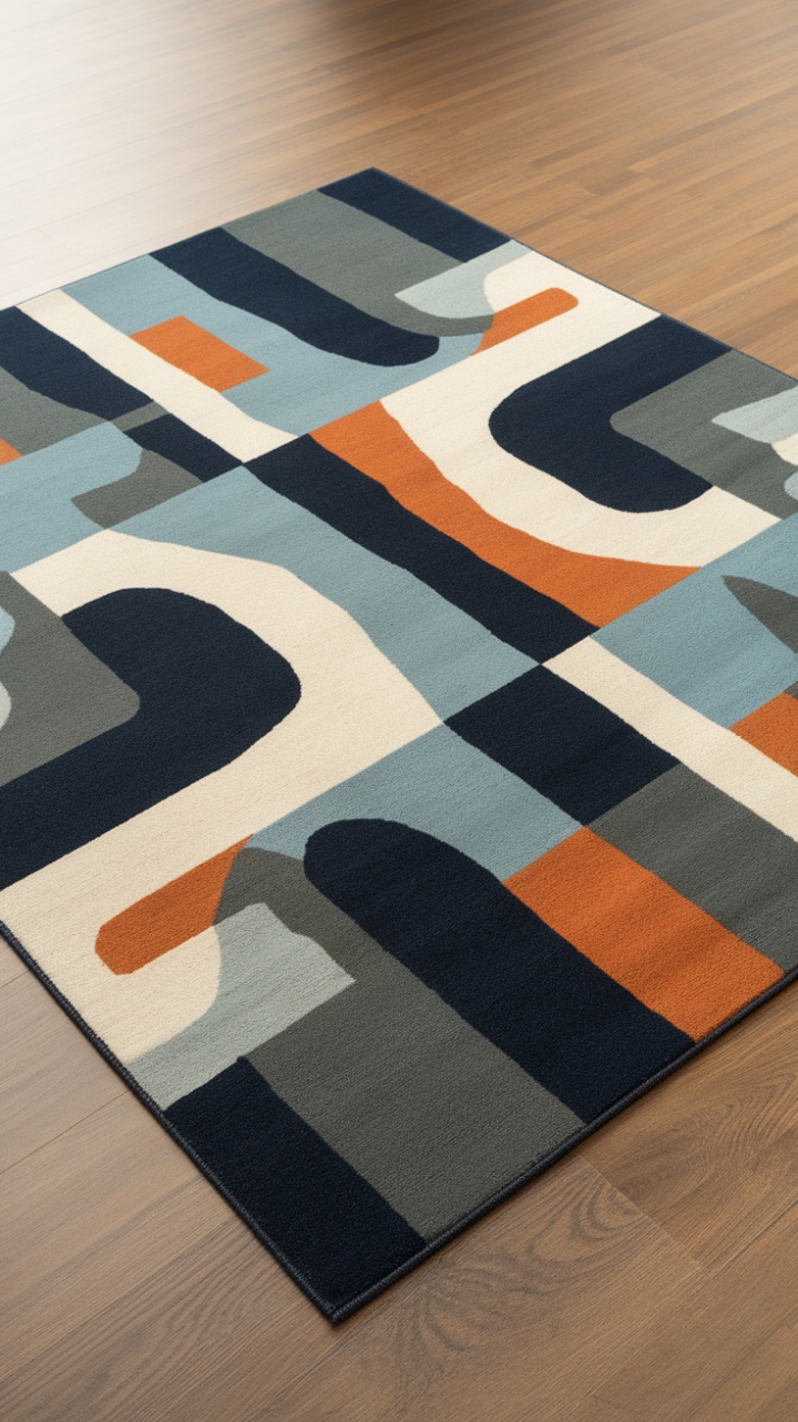 This modern masterpiece isn't just a floor covering; it's a statement piece. The captivating interplay of blue, orange, and white in an abstract geometric pattern commands attention. Its clean lines and sophisticated color palette seamlessly integrate into contemporary interiors, adding a touch of artistic flair without overwhelming the space. Let this rug be the anchor of your design, a testament to your impeccable taste.