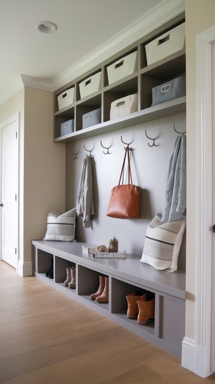 The epitome of contemporary design, this mudroom showcases a minimalist approach that prioritizes both style and practicality. With its sleek entryway, stylish hooks for coats and bags, and a functional bench that conceals storage, every element is thoughtfully curated. The warm wooden flooring complements the light-colored walls, creating a serene and organized space that welcomes you home with a touch of modern elegance.