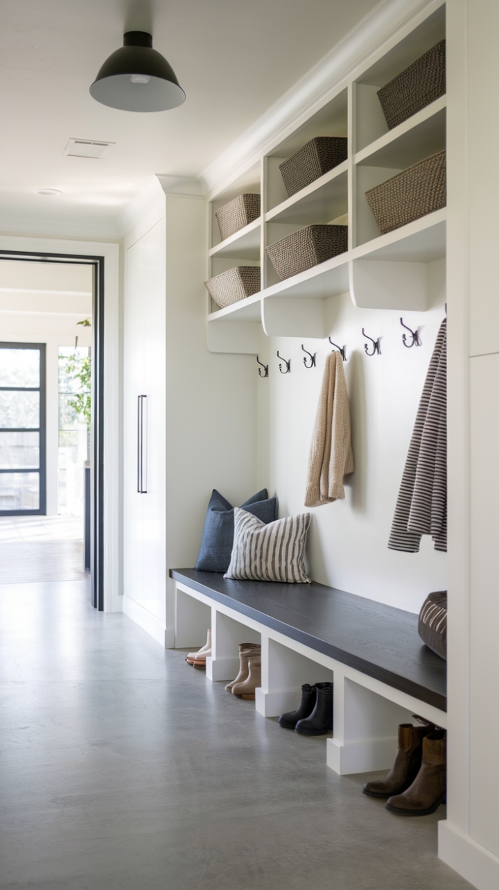 This minimalist mudroom redefines entryway design. Clean lines, smart storage, and a sophisticated aesthetic transform a typically chaotic space into a haven of calm and order. The perfect blend of form and function.