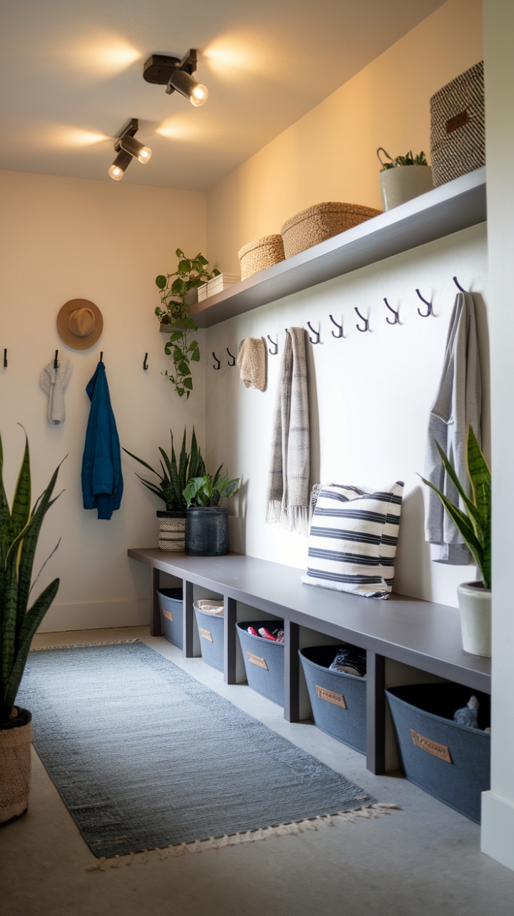 Uncluttered style meets practical perfection in this modern mudroom. Warm lighting highlights sleek storage solutions, from built-in bench seating with hidden compartments to a floating shelf showcasing curated greenery. The perfect blend of form and function for a welcoming entryway.