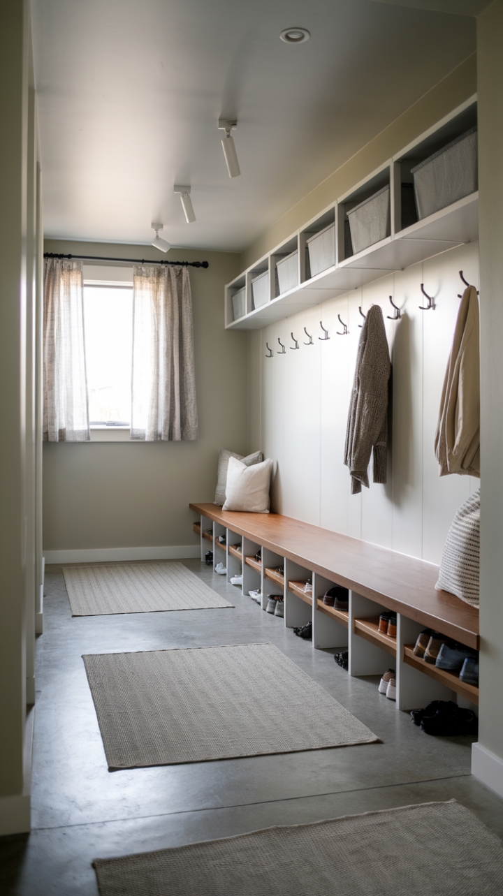 This modern mudroom exudes a sense of calm and organization with its sleek, minimalist design. A warm wooden bench paired with stylish storage bins invites you to settle in, while a practical coat rack with hooks keeps outerwear neatly arranged. The shoe storage bench, adorned with a curated selection of footwear, adds a touch of personal flair. The concrete floor, softened by a few carefully placed rugs, complements the light gray walls, creating a serene backdrop. Natural light pours in through the window, accentuated by delicate curtains, illuminating the space and enhancing its welcoming ambiance.