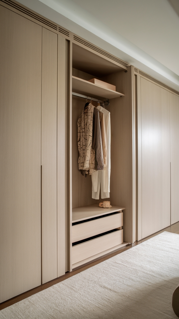 Modern minimalism meets sophisticated storage. This wardrobe's clean lines and pale wood create a calming focal point, while a glimpse of its contents suggests a curated collection of cherished pieces. The overall aesthetic is one of quiet luxury and thoughtful design.