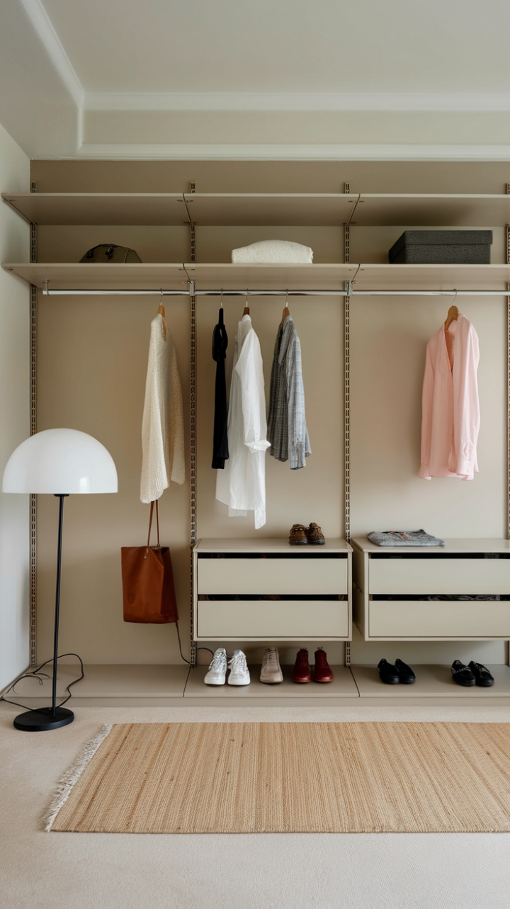 Modern minimalism redefined. This sleek wardrobe isn't just storage; it's a statement piece. Its clean lines and unfussy design create a sense of calm and order, while the thoughtfully placed accessories hint at a life lived with intention and impeccable taste. The neutral palette allows the wardrobe's inherent beauty to shine, a testament to the power of less.