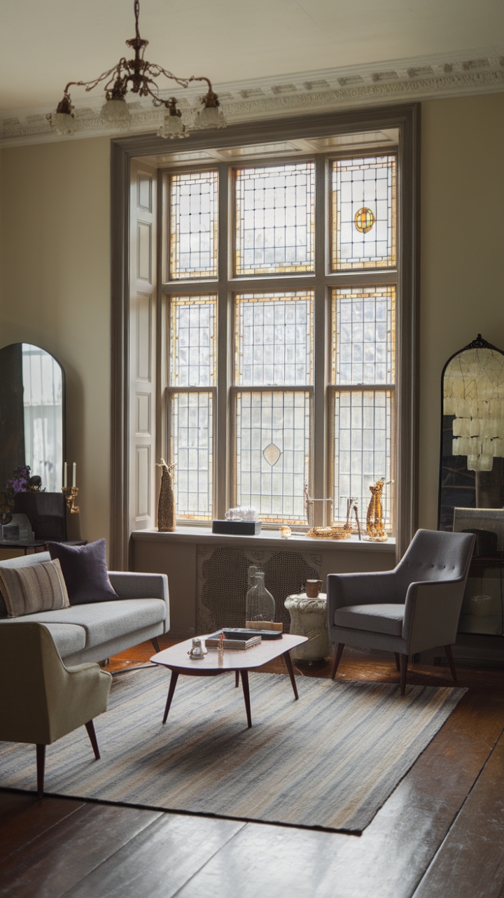 Where Victorian elegance meets modern minimalism. A symphony of textures and light dances within this sun-drenched space, where a grand stained-glass window casts vibrant hues upon plush velvet seating and sleek, contemporary lines. The result? A captivating blend of old-world charm and fresh, inviting style.