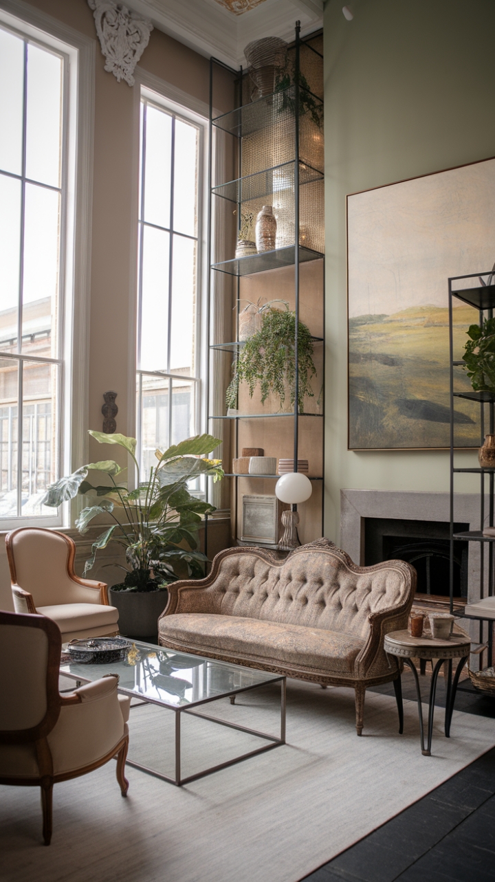 This stunning contemporary Victorian-style room beautifully marries the charm of classic design with modern sensibilities. The high ceilings and expansive windows invite natural light to dance across the soft-hued walls, while a vintage Victorian sofa, adorned in a rich patterned fabric, serves as a striking focal point. Complementing the timeless elegance are sleek modern pieces, like a glass coffee table and a chic metal shelving unit, which add a fresh twist to the space. A large landscape painting and lush potted plants breathe life into the room, creating a harmonious blend of old-world allure and contemporary flair.