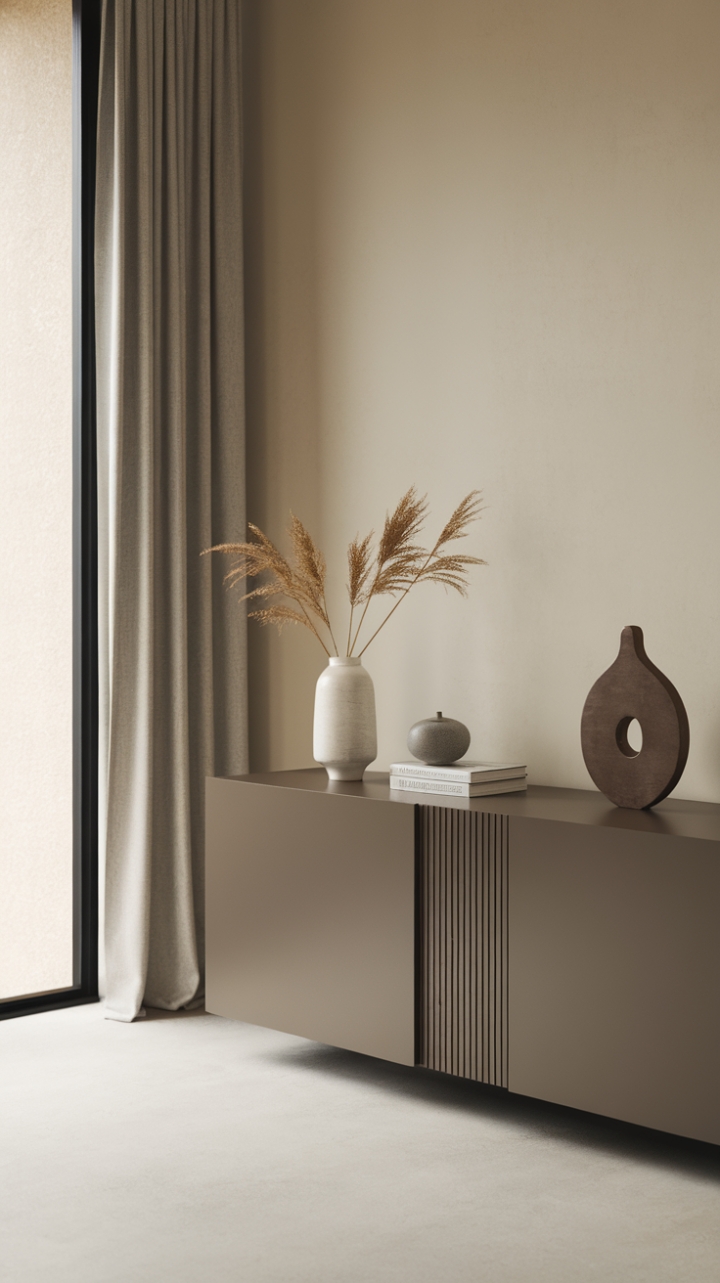In this serene minimalist space, a contemporary sideboard takes center stage, showcasing a perfect blend of form and function. The sleek buffet, adorned with a curated selection of decorative items, adds a touch of personality against the warm beige wall, creating a harmonious balance. Bathed in natural light from the expansive window to the left, the room exudes an inviting ambiance, where simplicity meets sophistication, making it an ideal backdrop for both relaxation and entertaining.