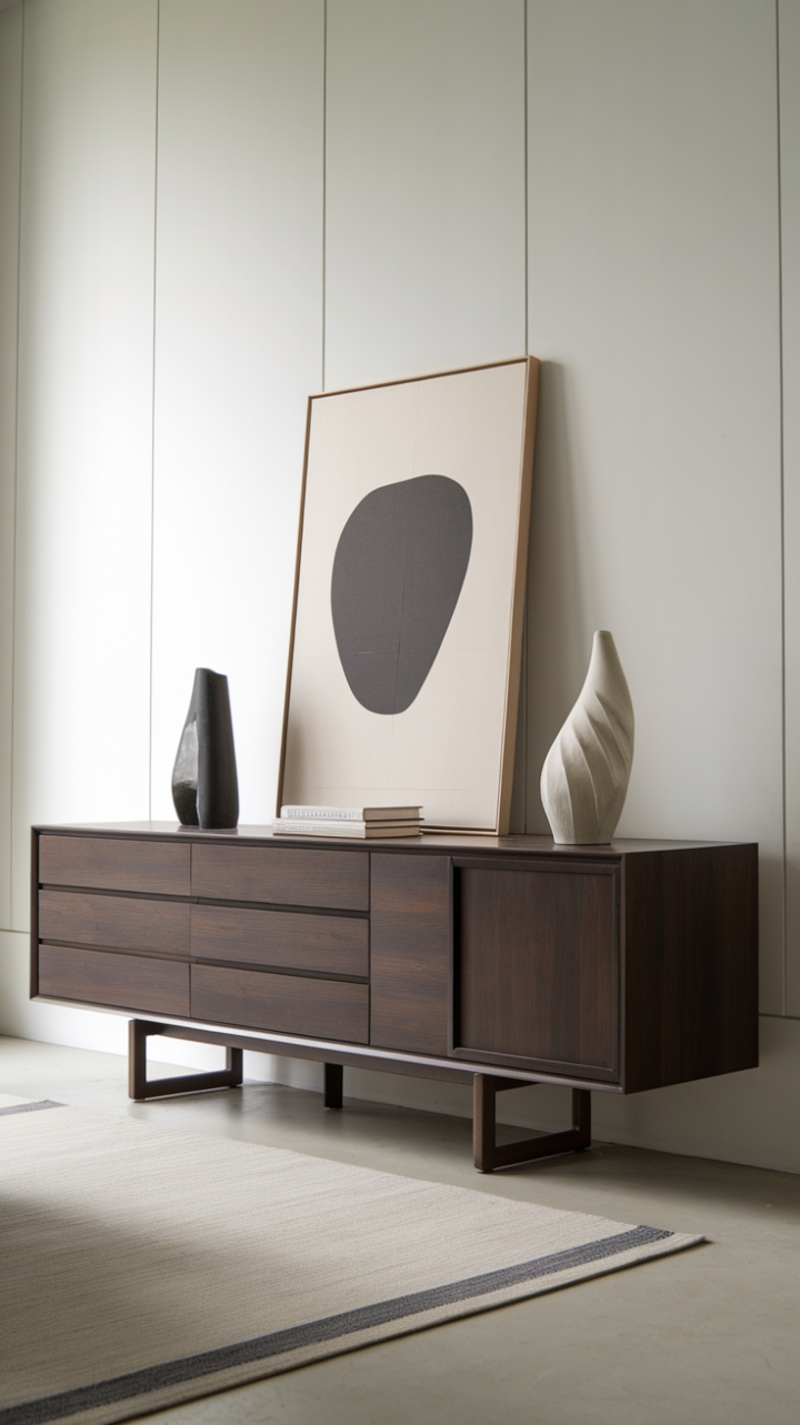 This contemporary sideboard embodies the essence of minimalist sophistication, showcasing a rich dark wood finish that adds warmth to any modern living space. With its clean lines and functional design, featuring multiple drawers and a single door, it seamlessly blends style and practicality. Set against a backdrop of crisp white walls and complemented by a plush rug and curated decorative art, this piece serves as both a striking focal point and a versatile storage solution, perfect for organizing your essentials while enhancing the overall aesthetic of your home.