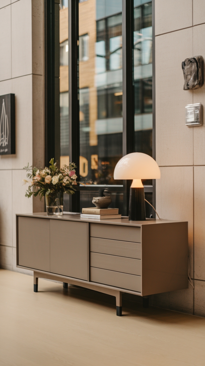This striking modern credenza embodies the essence of minimalist elegance, seamlessly blending functionality with style. Positioned against a softly lit wall, it features a few thoughtfully chosen accessories-a vibrant vase of flowers and a chic lamp-that bring life to the sleek design. The light wood flooring adds warmth to the urban backdrop, while the window allows natural light to illuminate the space, creating an inviting atmosphere that celebrates simplicity and sophistication.