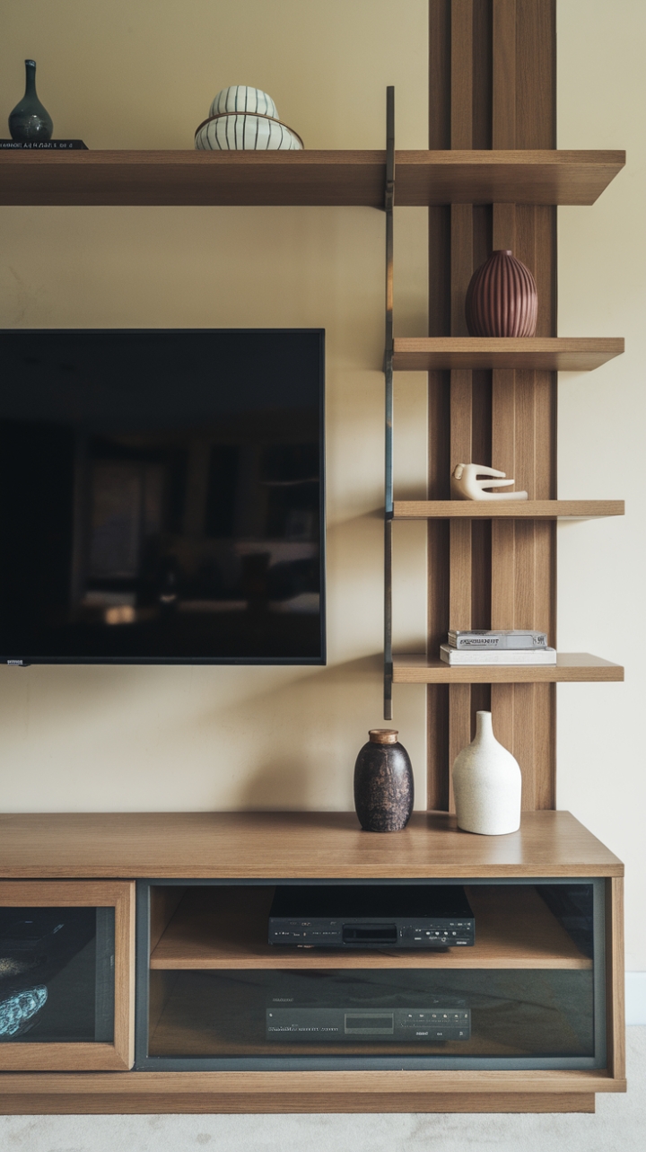 Embrace the essence of modern sophistication with this striking TV unit, where clean lines and a minimalist approach come together in perfect harmony. Crafted from a blend of wood and glass, the media console features a wall-mounted TV that adds a contemporary flair, while the open shelves invite personalization with electronic devices and decorative accents. The subtle beige wall behind it not only complements the unit's design but also creates a serene atmosphere, making this setup a stylish centerpiece for your home.
