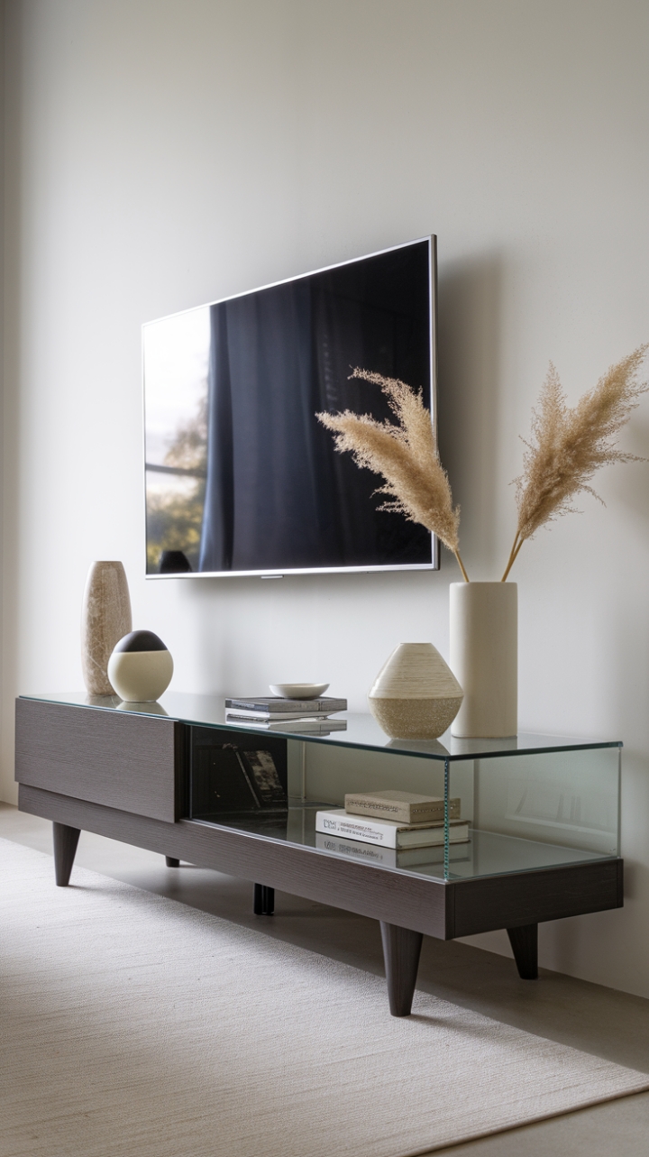 This contemporary TV unit embodies the essence of modern minimalism, featuring a striking glass top that beautifully contrasts with its dark wood legs. Set against a pristine white wall, the unit serves as a sophisticated focal point in the room, showcasing not only the sleek television but also a curated selection of decorative items that add personality and charm. A cozy small rug beneath the unit ties the space together, creating an inviting atmosphere that is both chic and stylish.