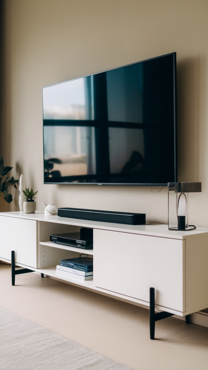 Unveiling understated elegance: This minimalist media console, a study in contrasts with its crisp white cabinet and sleek black accents, anchors the space with quiet sophistication. The perfect blend of form and function for the modern home.