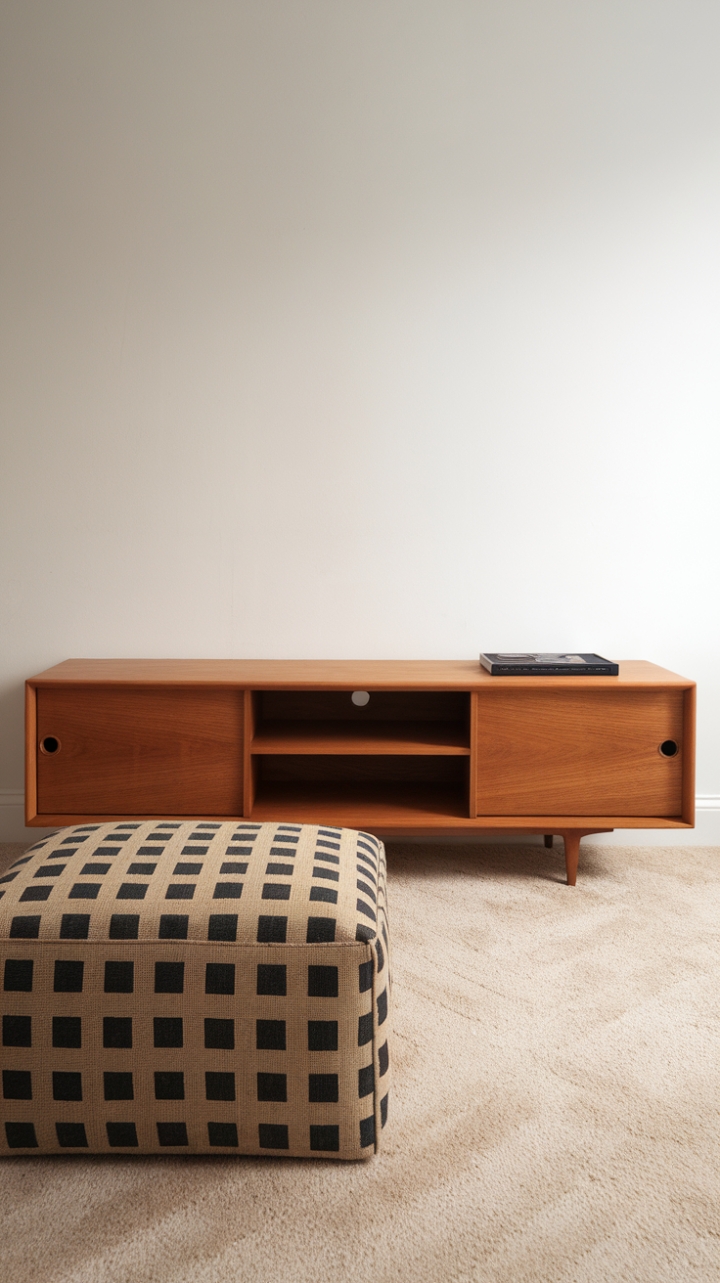 Streamlined style and seamless sophistication. A minimalist TV unit in rich wood commands attention, its simple design allowing the beauty of the natural grain to shine. Paired with a boldly patterned ottoman and plush carpeting, this setup is the epitome of contemporary comfort.