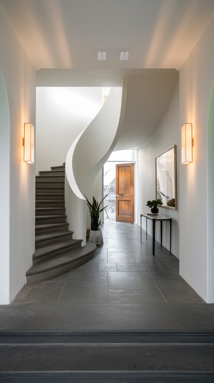 Sculptural curves and clean lines define this breathtaking foyer. Dark grey tiles ground the space, while a minimalist palette and strategic lighting create a sense of airy sophistication. The gentle arc of the staircase draws the eye towards a chic hallway, promising further design delights within. A touch of greenery adds a welcome organic element to this impeccably modern space.