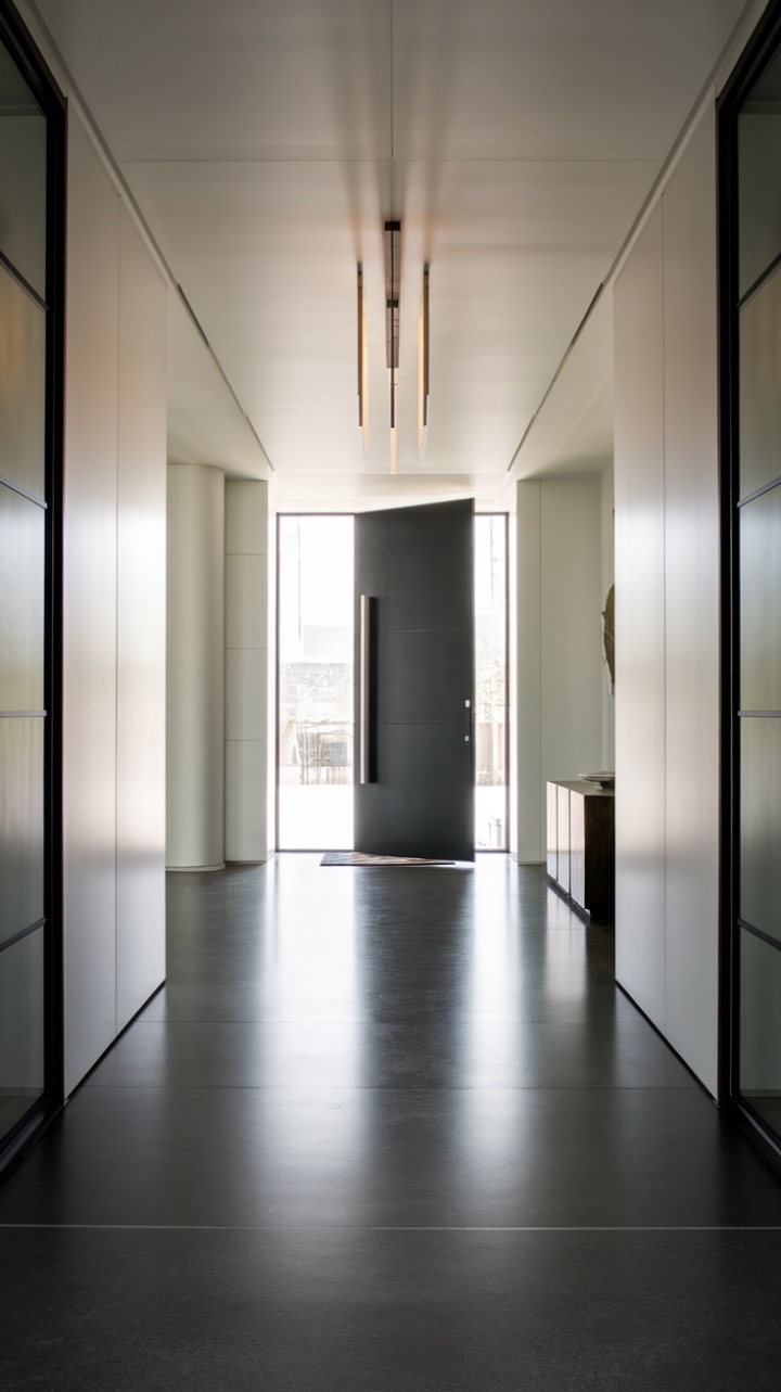 Unveiling a sanctuary of sophisticated simplicity: This contemporary foyer, bathed in natural light, showcases a harmonious blend of dark grey flooring and crisp white walls. A statement black door and minimalist lighting fixture complete the chic, modern aesthetic.