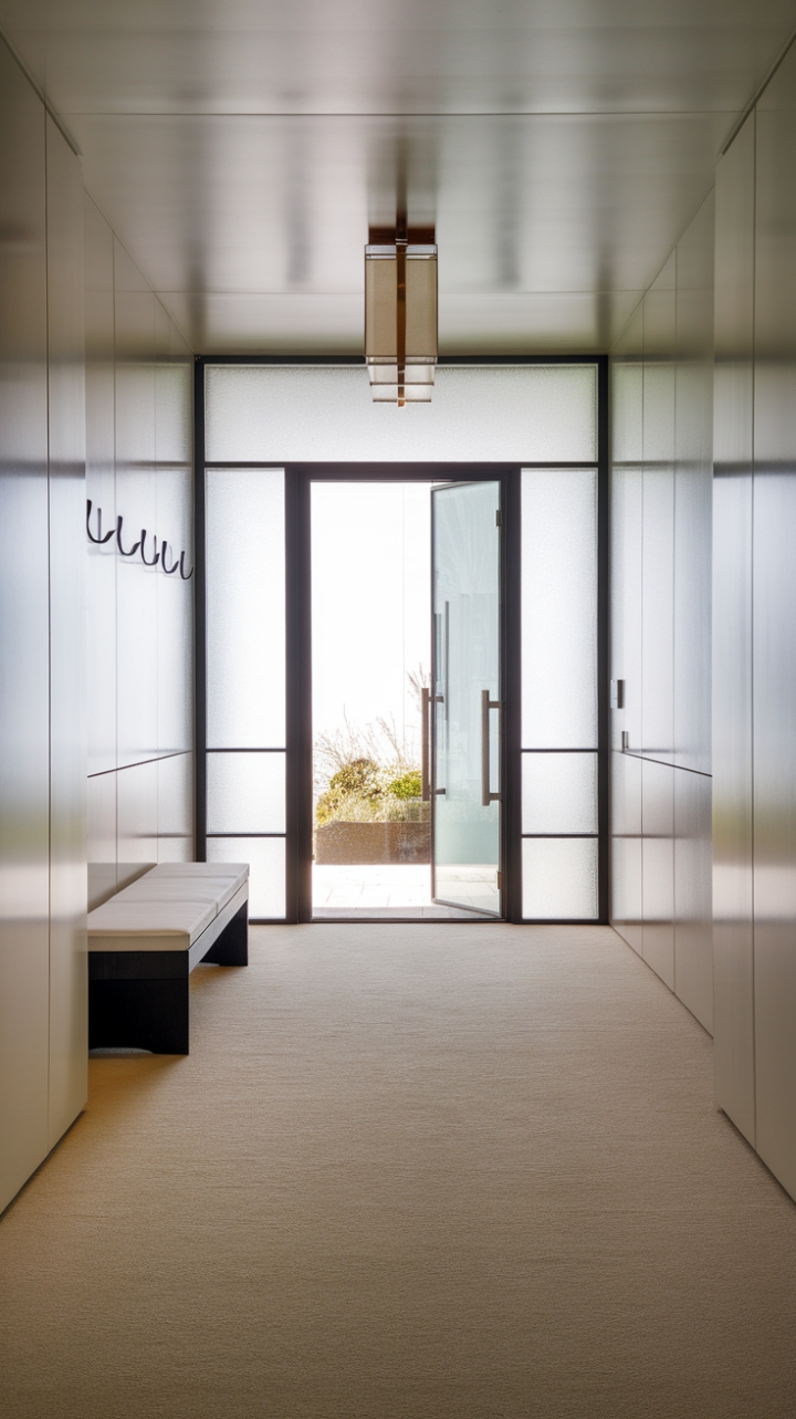 This entrance foyer embodies contemporary elegance with its minimalist design, where every element speaks to a refined taste. The plush beige carpet grounds the space, while the pristine white walls create an airy ambiance. A striking black bench, dressed with soft white cushions, offers both comfort and style near the frosted glass door that serves as a stunning focal point. Above, a modern light fixture casts a gentle glow, enhancing the foyer's inviting atmosphere. Functional hooks line the walls, adding a touch of practicality to the chic decor. The overall effect is a clean and stylish entryway that welcomes guests with open arms.