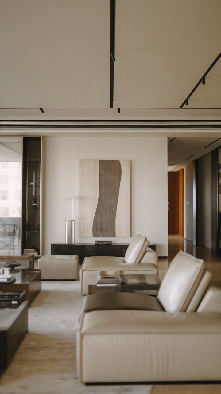 Sculptural lines and a neutral palette define this contemporary haven. Clean-lined furniture and a statement art piece create a sophisticated sanctuary, perfect for modern living.